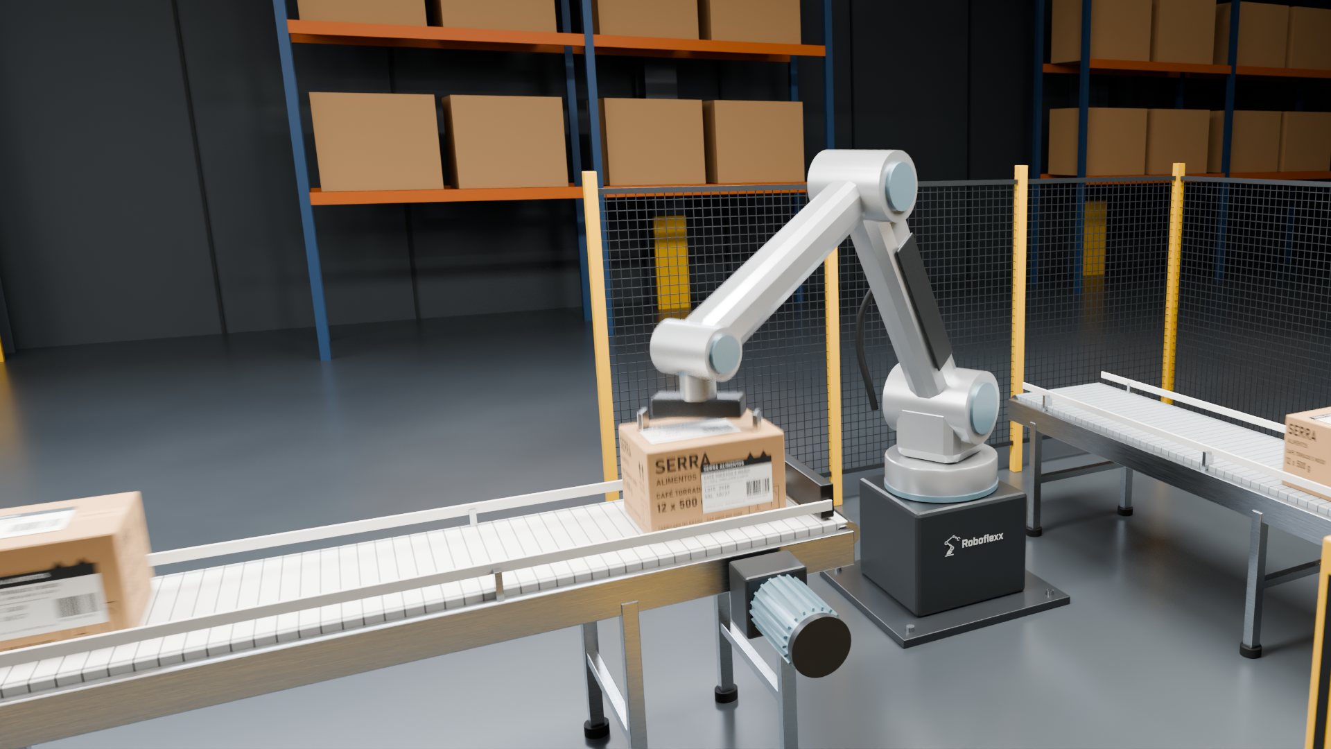 Robô industrial Roboflexx pegando uma caixa no fim da esteira