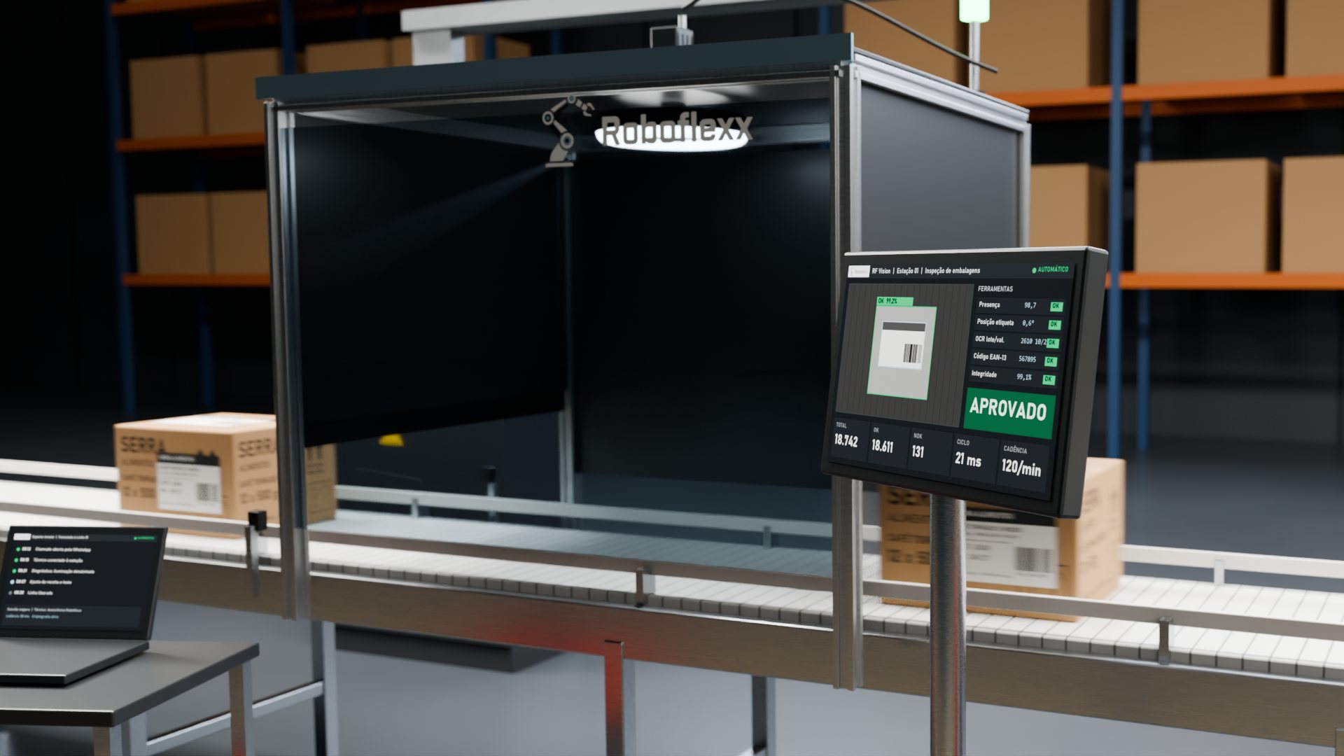 Monitor com o software de visão RF Vision ao lado da linha de inspeção