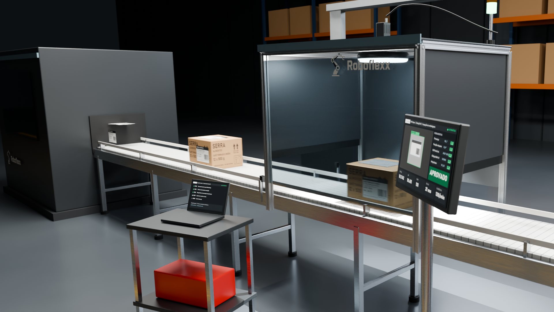 Estação de inspeção por visão computacional Roboflexx com câmera, iluminação em anel e monitor do software de visão