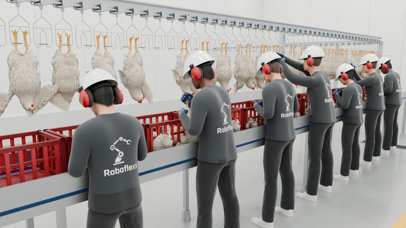 Operadores de costas com a logomarca Roboflexx bordada no uniforme, capacete branco e abafador